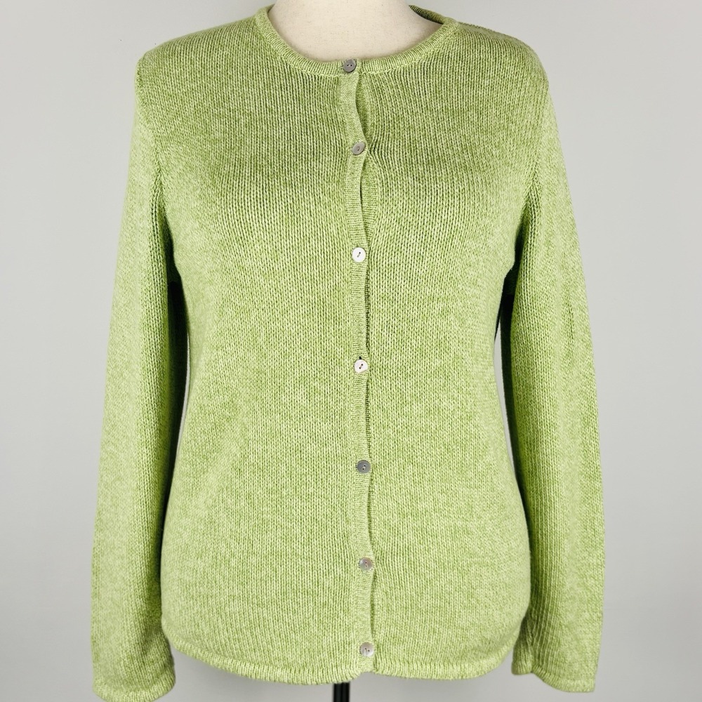 LL Bean Cardigan Women XL Pear Green Knit Cotton Button Front Sweater VTG 90s